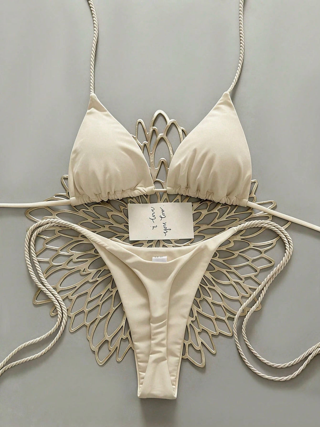 Swim Vcay 2pcs Women Apricot Bikini Swimwear Set, Handmade Rope Decor