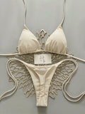 Swim Vcay 2pcs Women Apricot Bikini Swimwear Set, Handmade Rope Decor