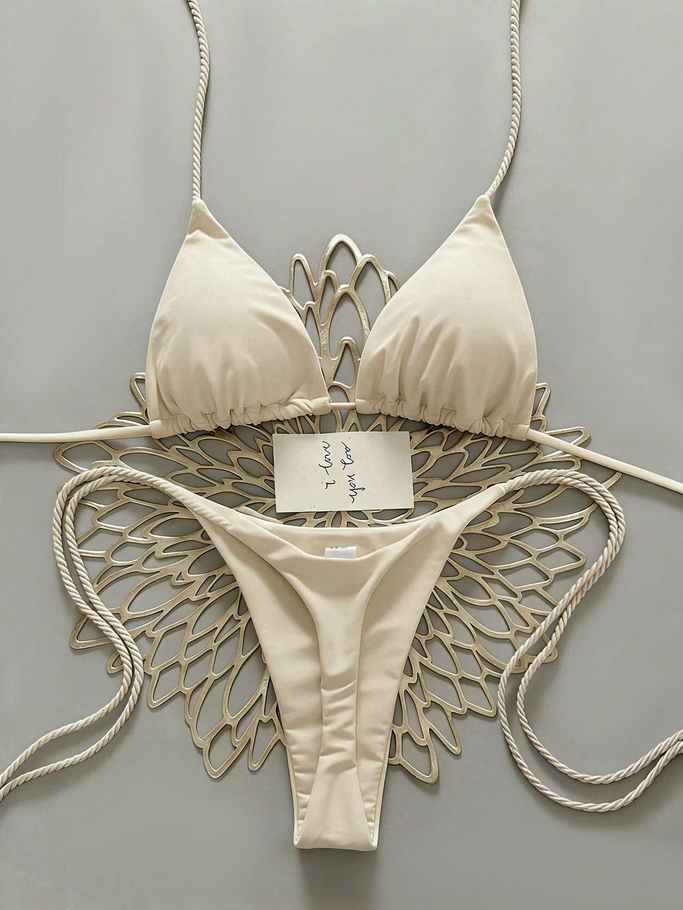 Swim Vcay 2pcs Women Apricot Bikini Swimwear Set, Handmade Rope Decor