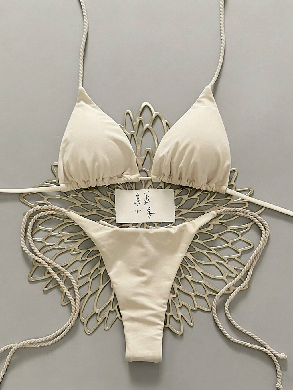 Swim Vcay 2pcs Women Apricot Bikini Swimwear Set, Handmade Rope Decor