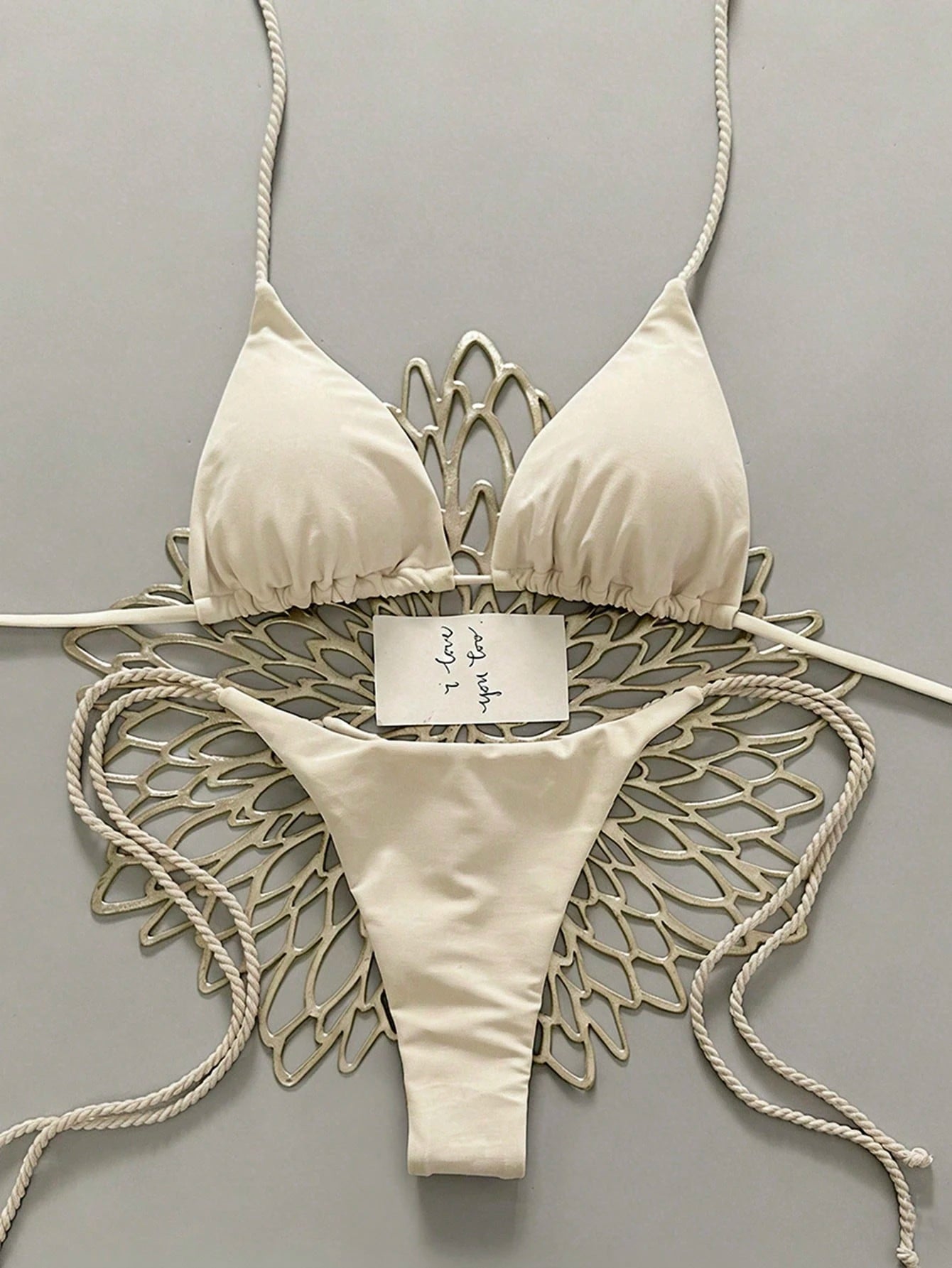 Swim Vcay 2pcs Women Apricot Bikini Swimwear Set, Handmade Rope Decor