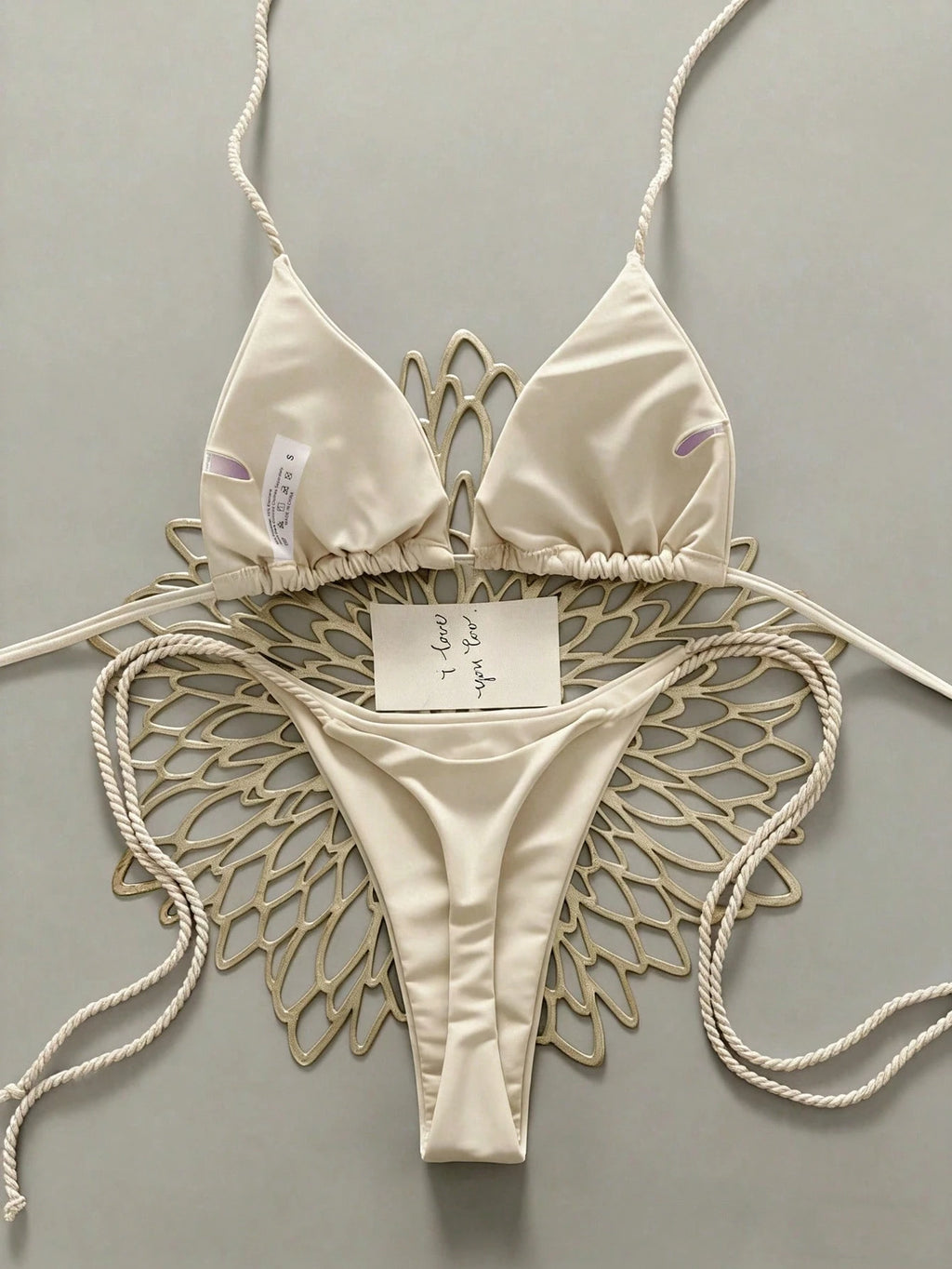 Swim Vcay 2pcs Women Apricot Bikini Swimwear Set, Handmade Rope Decor