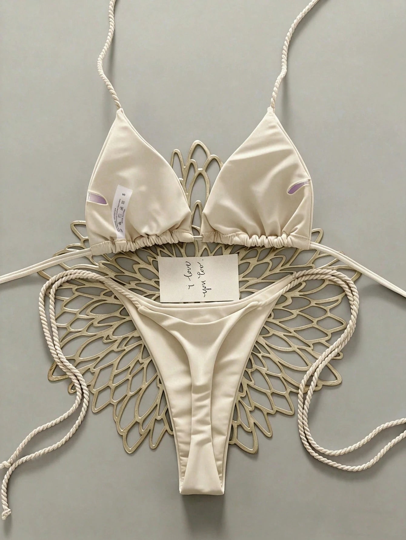 Swim Vcay 2pcs Women Apricot Bikini Swimwear Set, Handmade Rope Decor