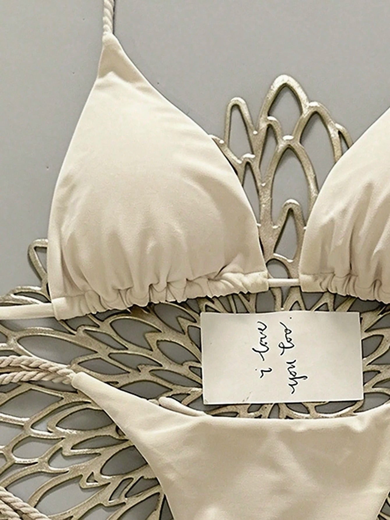 Swim Vcay 2pcs Women Apricot Bikini Swimwear Set, Handmade Rope Decor