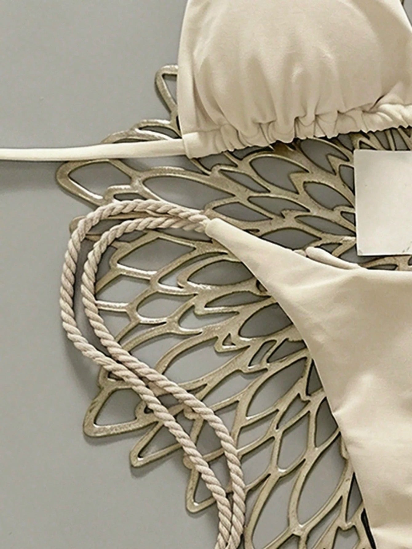 Swim Vcay 2pcs Women Apricot Bikini Swimwear Set, Handmade Rope Decor