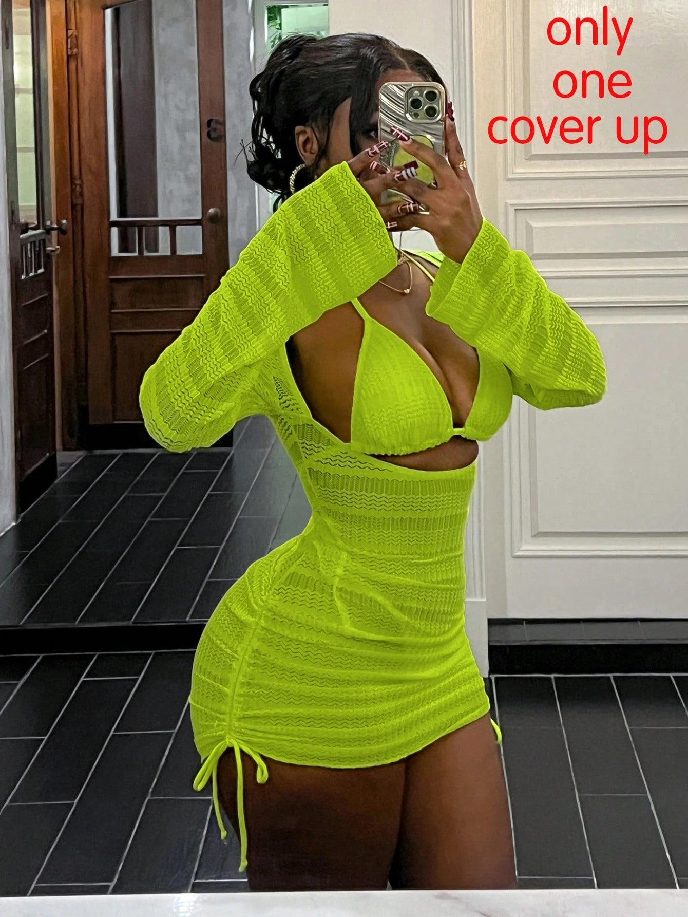Vaytide Women Luminous Solid Neon Green Textured High Stretch Hollow Out Bodycon Cover Up Dress - image 6