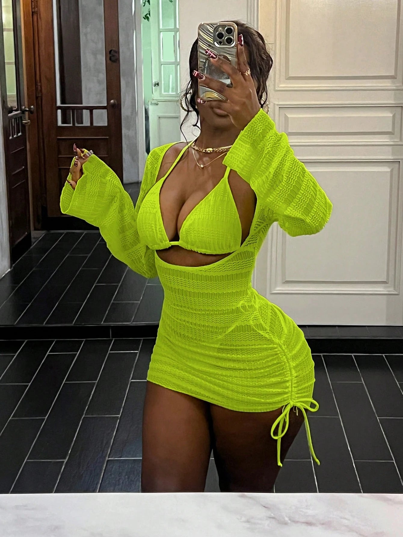 Vaytide Women Luminous Solid Neon Green Textured High Stretch Hollow Out Bodycon Cover Up Dress - image 10