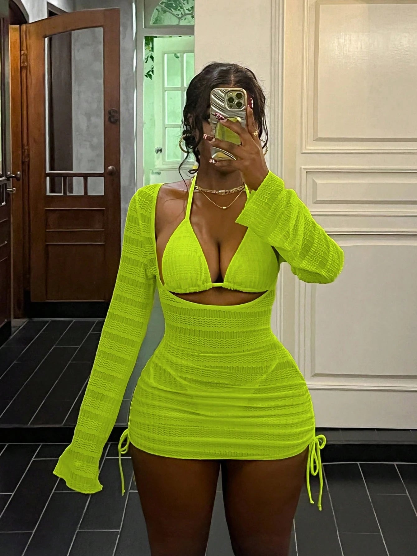 Vaytide Women Luminous Solid Neon Green Textured High Stretch Hollow Out Bodycon Cover Up Dress - image 16