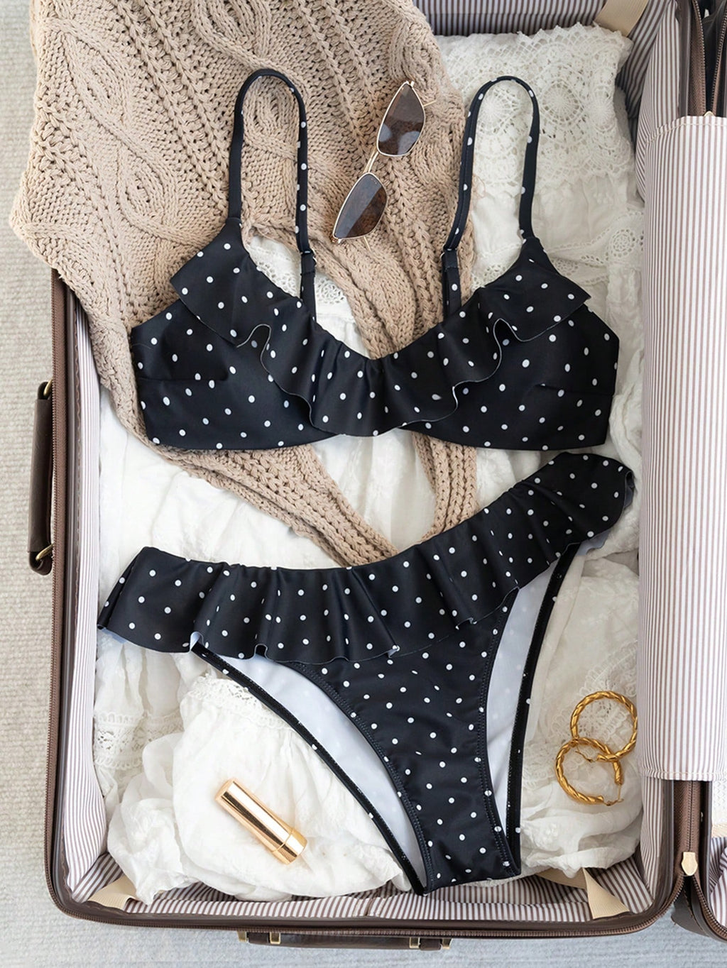 Swim Mod Women's White With Black Polka Dots Print Ruffle Swimsuit