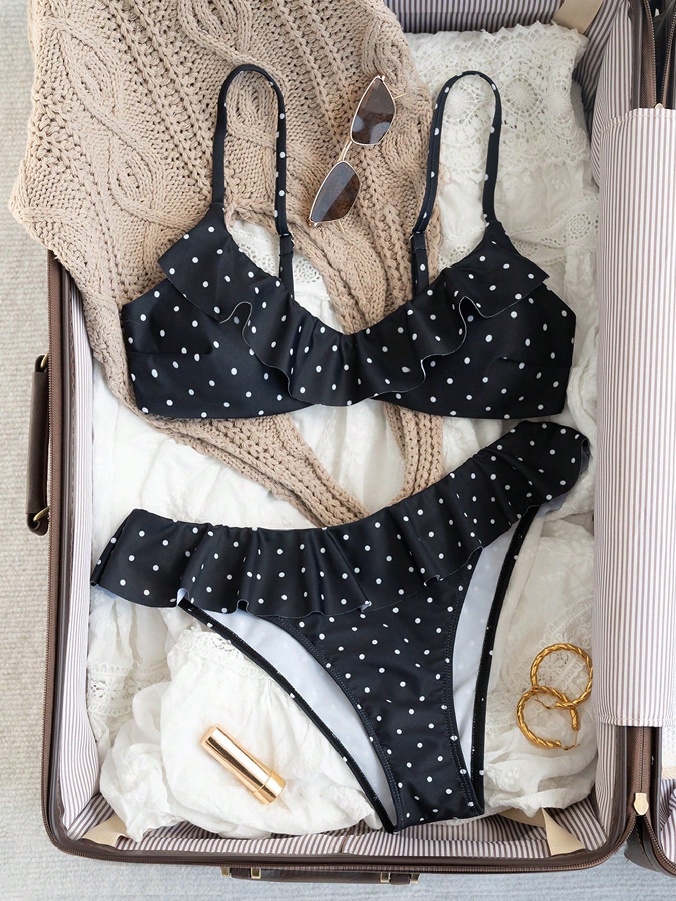 Swim Mod Women's White With Black Polka Dots Print Ruffle Swimsuit