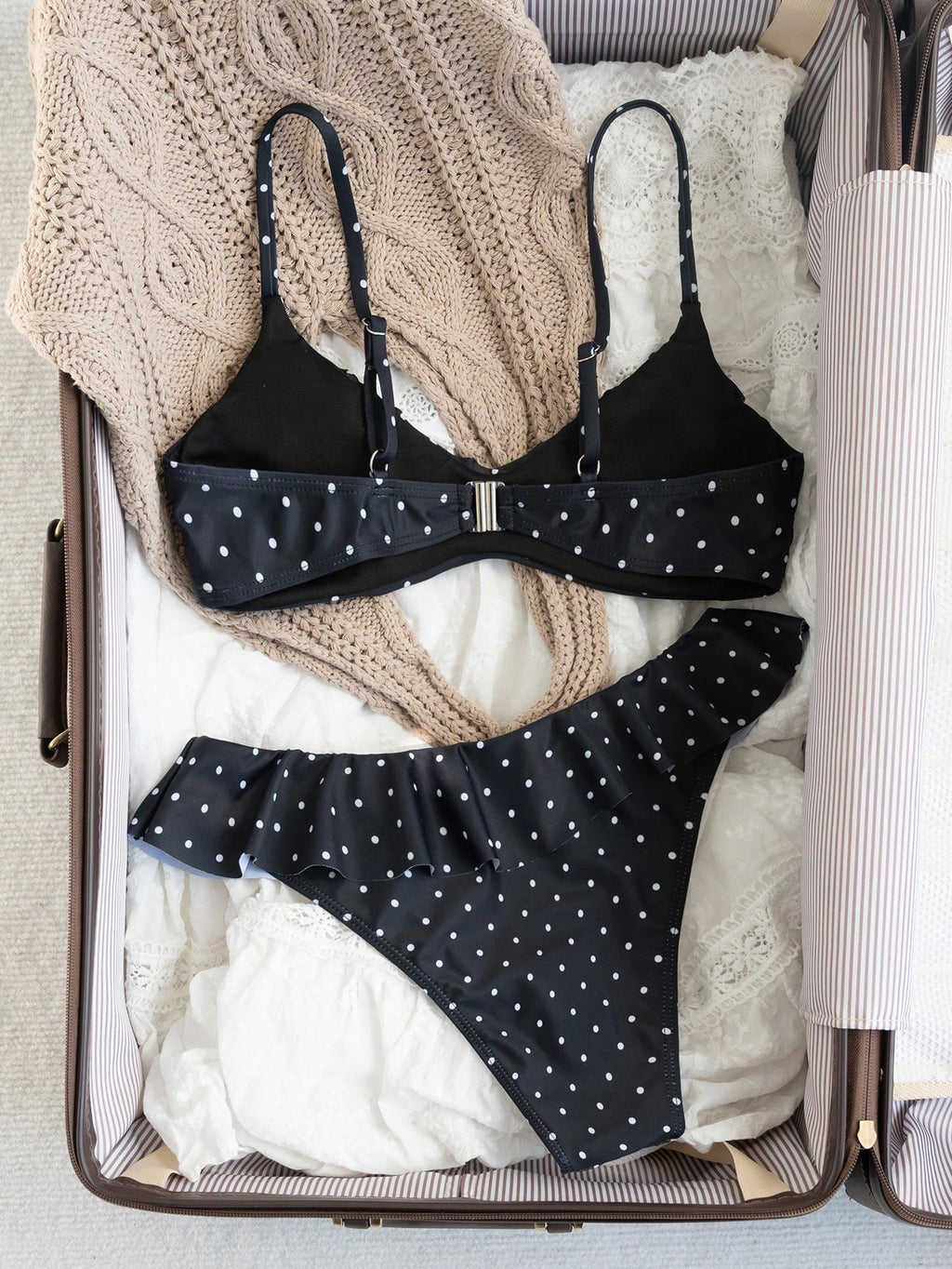 Swim Mod Women's White With Black Polka Dots Print Ruffle Swimsuit