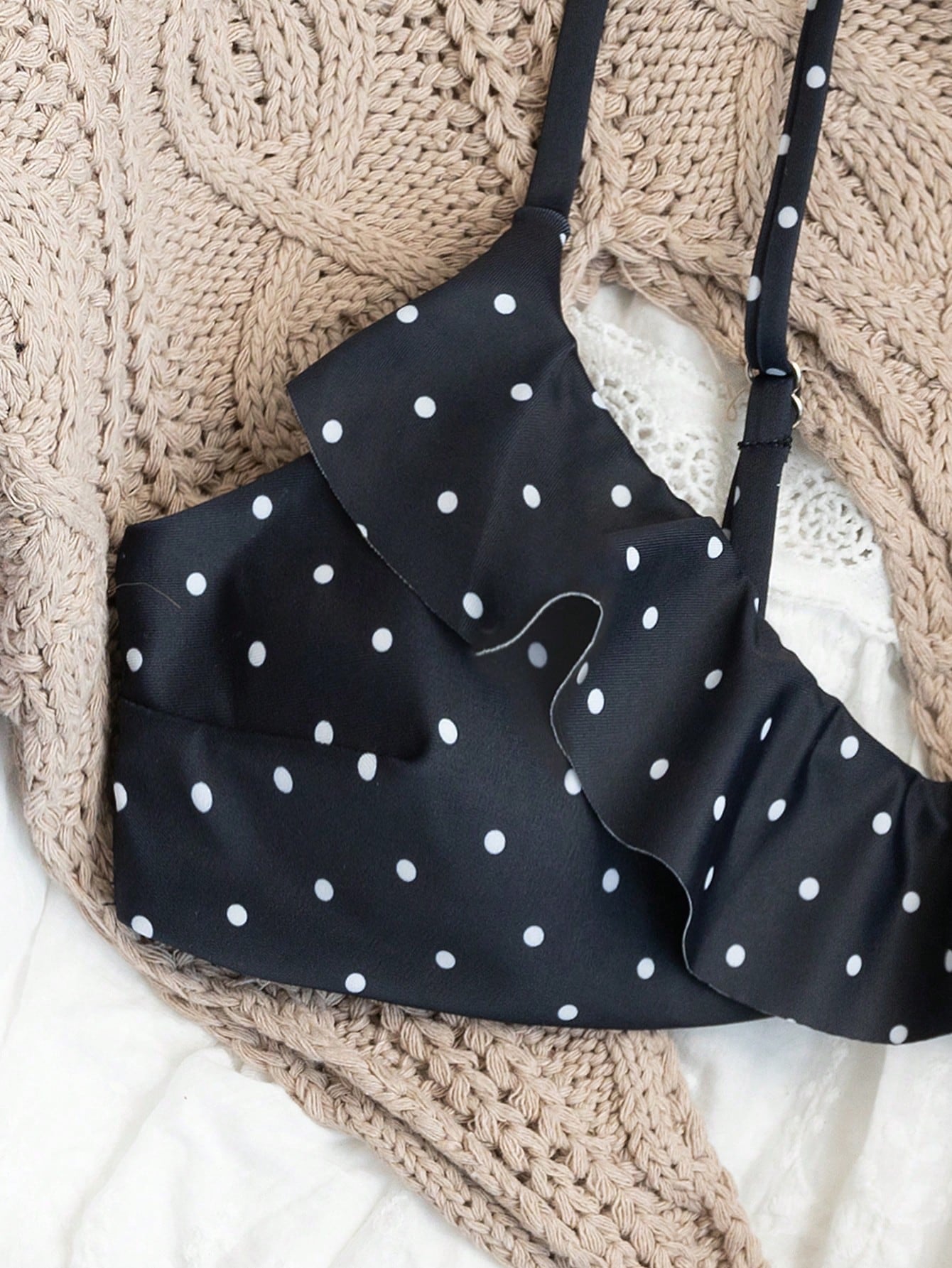 Swim Mod Women's White With Black Polka Dots Print Ruffle Swimsuit