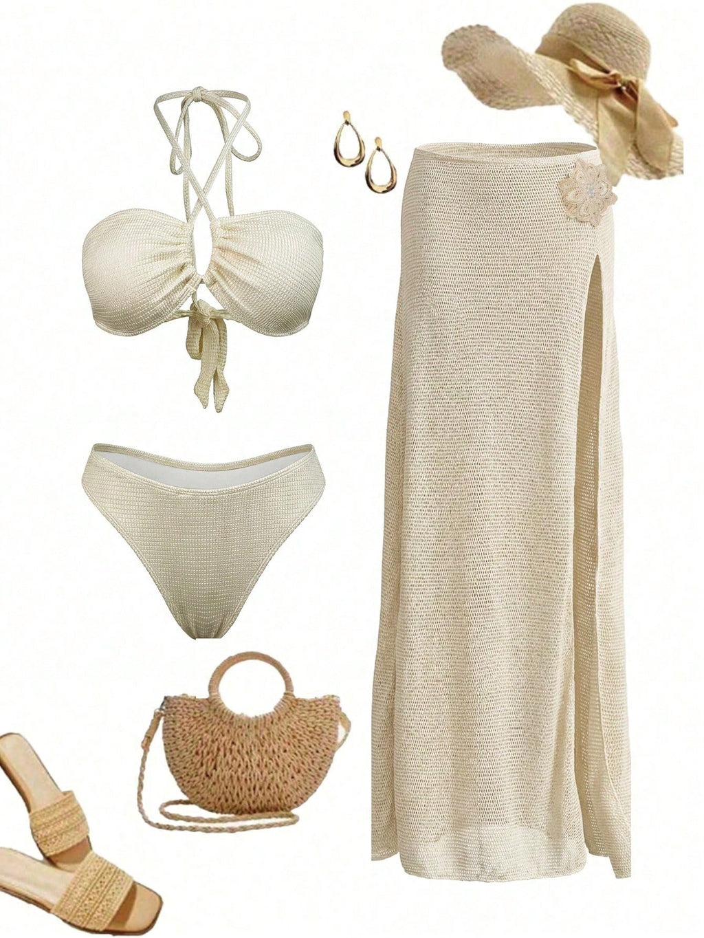 Elegant And Sexy Beige Women's Crochet Hollow Out Three Piece Bikini