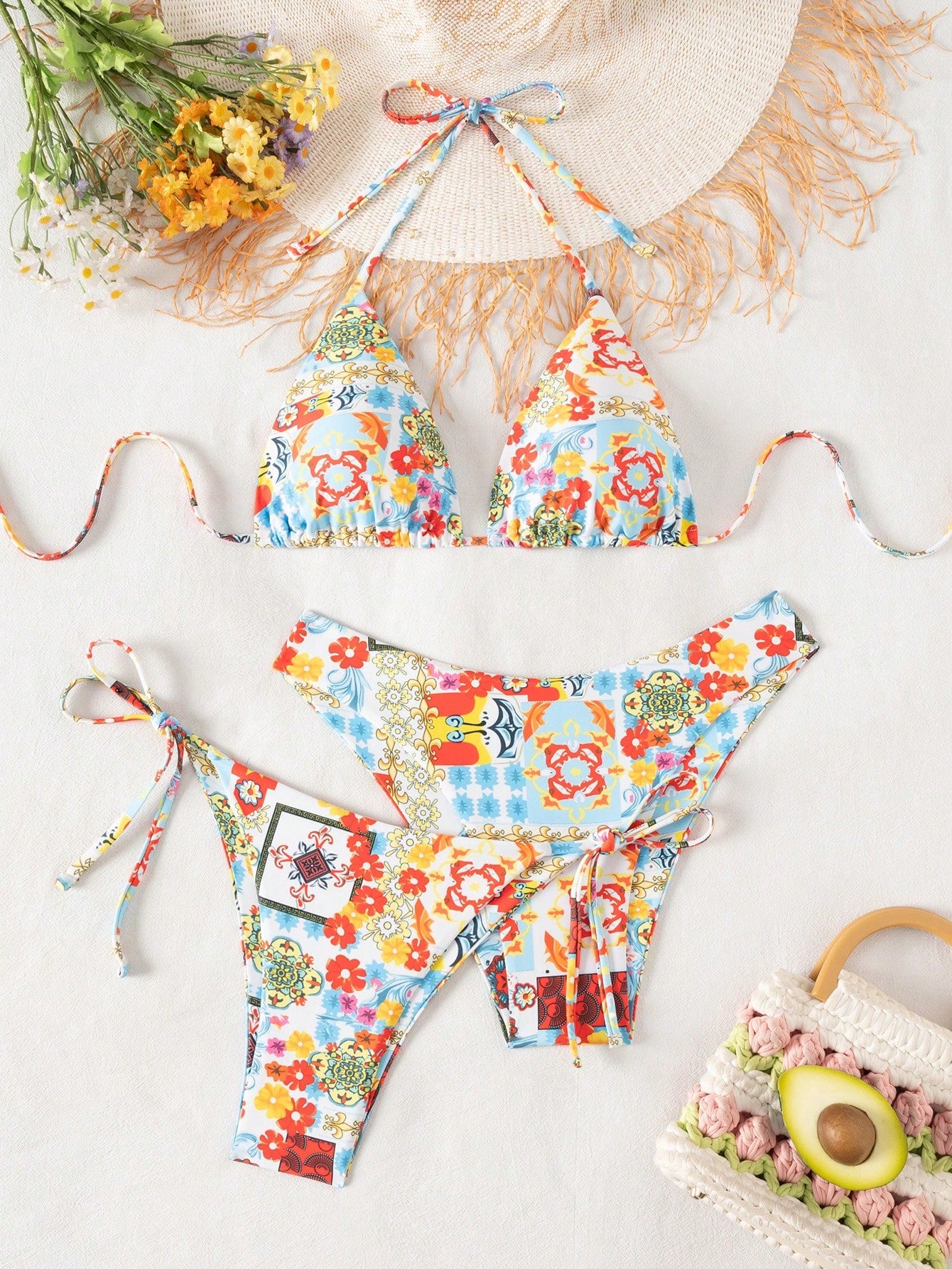 Swim Vcay 3pcs Leopard Print Triangle Bikini Set,Halter Neck Backless