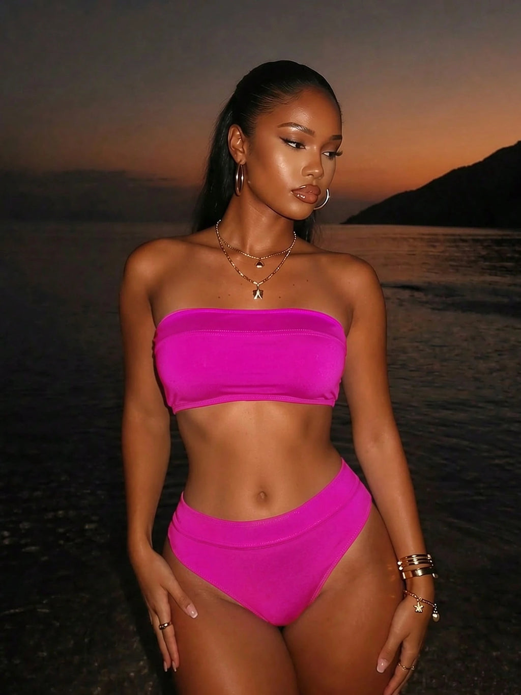 Swim Ladies' Solid Color Bandeau Sexy Bikini Set For Summer Beach