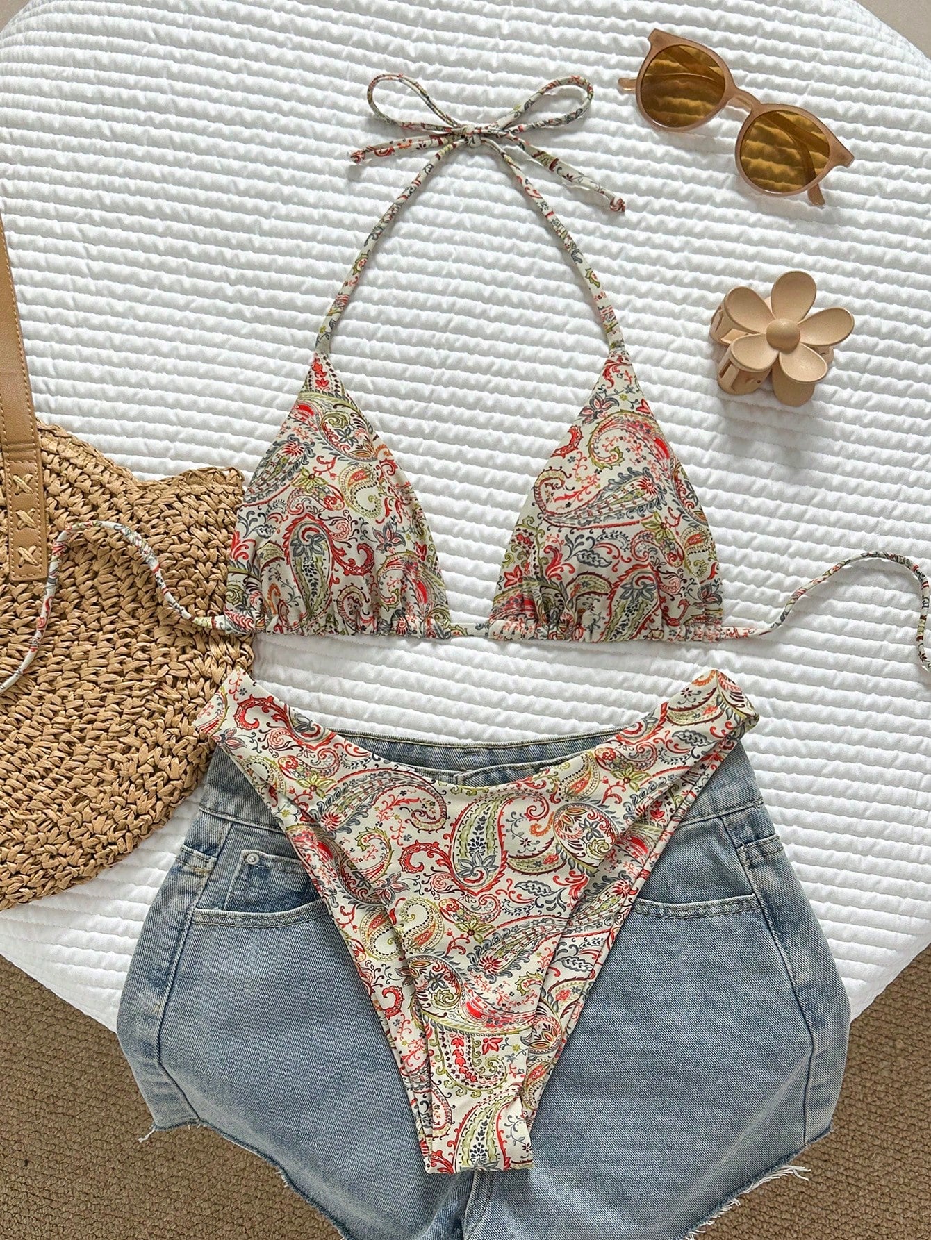Swim Vcay Women's Tropical Print Halter Neck Bikini Set, Cute Triangle Top And B