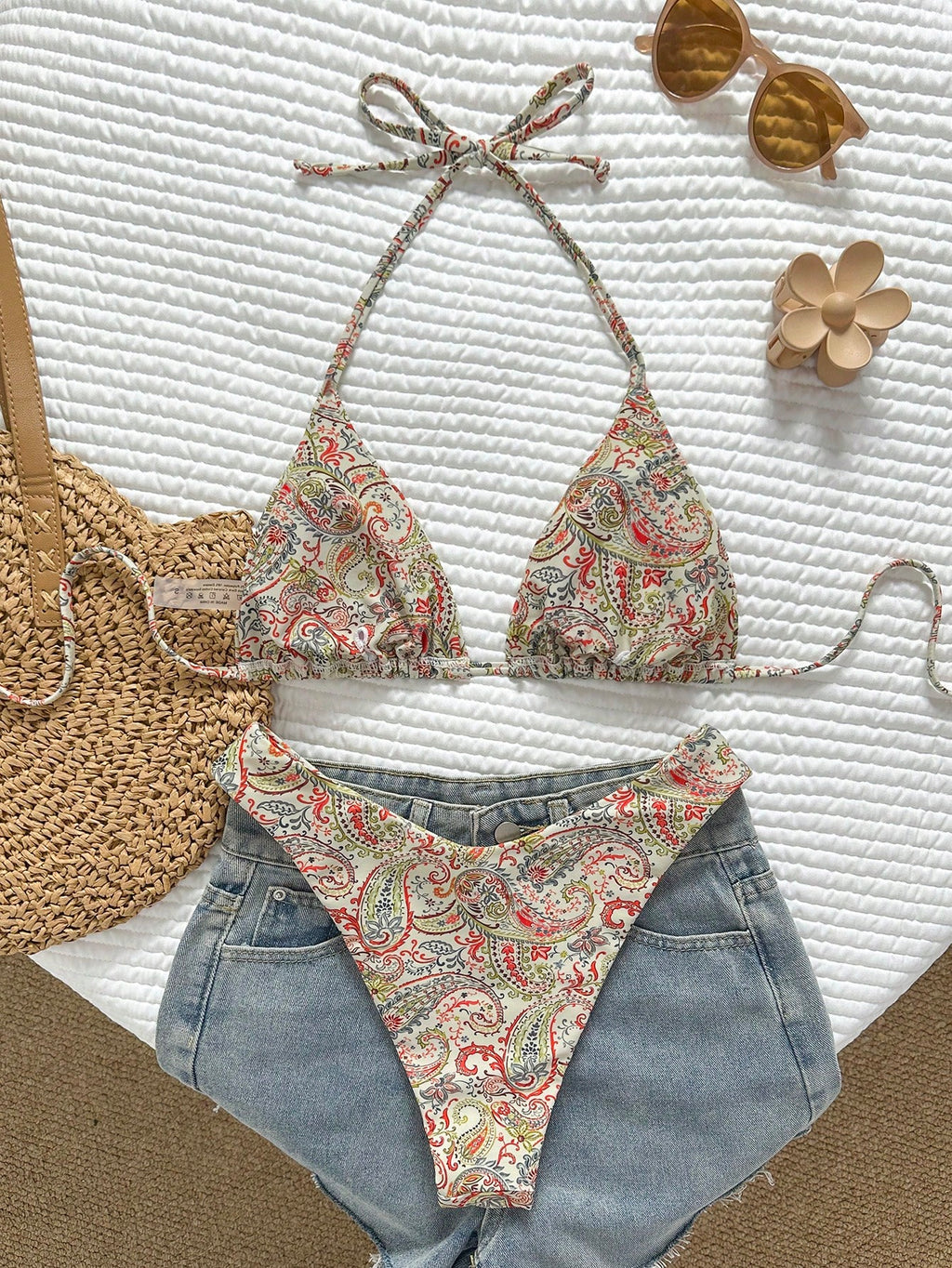Swim Vcay Women's Tropical Print Halter Neck Bikini Set, Cute Triangle Top And B