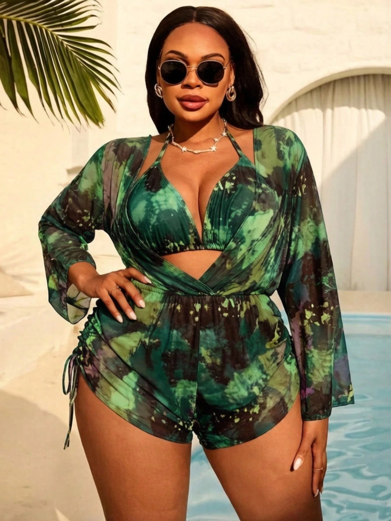 Slaydiva Plus Size Women 3-Piece Tie-Dye Halter Bikini Set With Long Sleeve Pants And Mesh Cover Up, - image 3