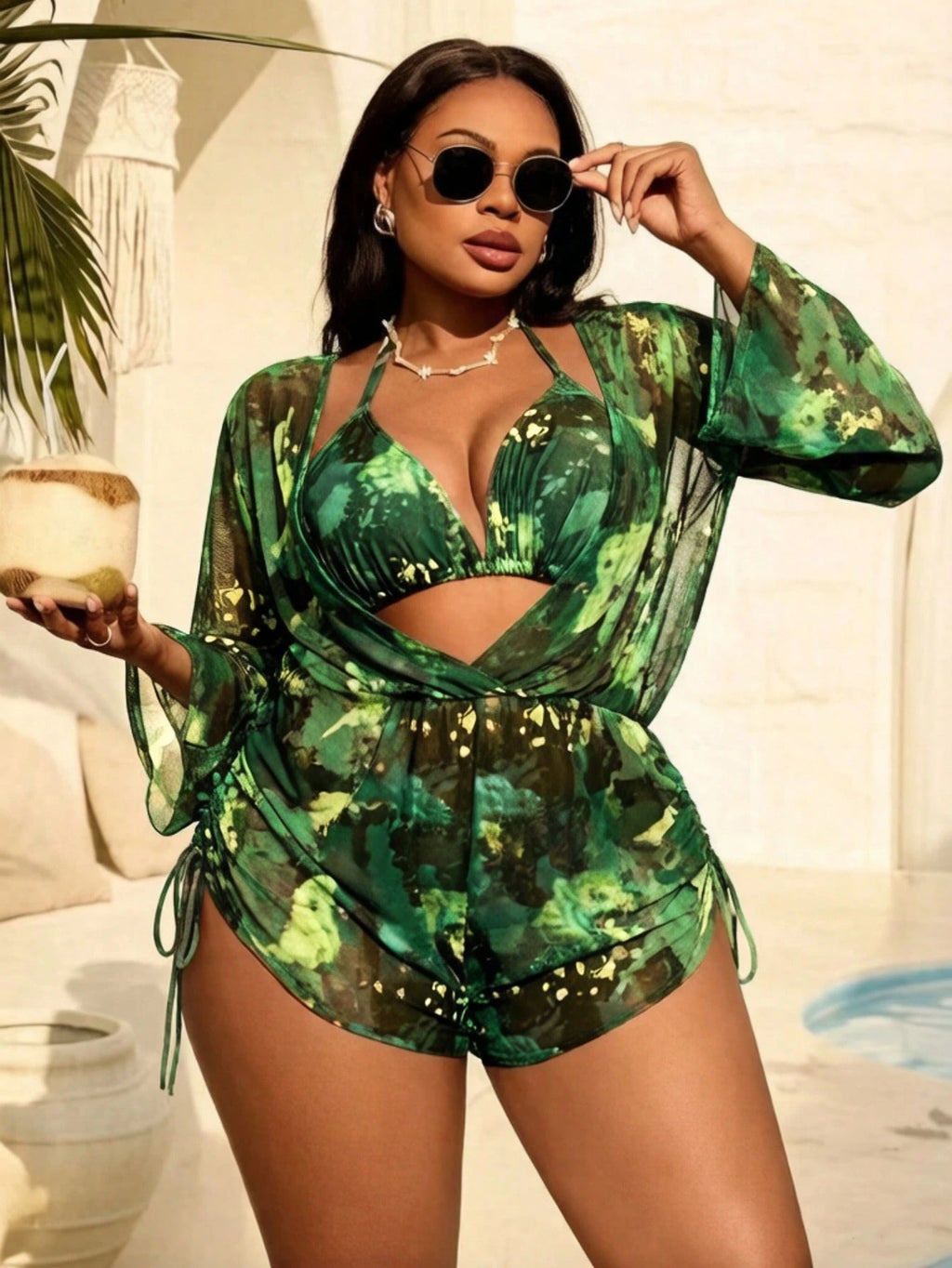 Slaydiva Plus Size Women 3-Piece Tie-Dye Halter Bikini Set With Long Sleeve Pants And Mesh Cover Up,
