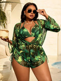 Slaydiva Plus Size Women 3-Piece Tie-Dye Halter Bikini Set With Long Sleeve Pants And Mesh Cover Up,