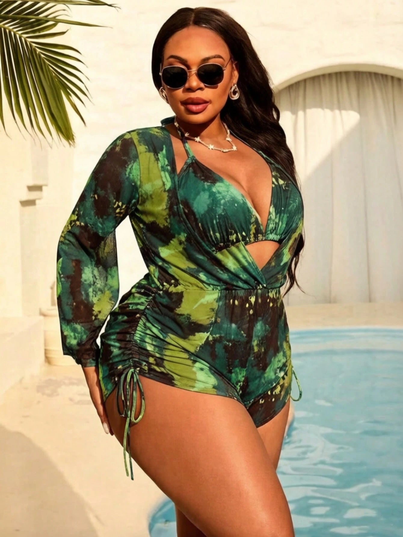 Slaydiva Plus Size Women 3-Piece Tie-Dye Halter Bikini Set With Long Sleeve Pants And Mesh Cover Up, - image 5