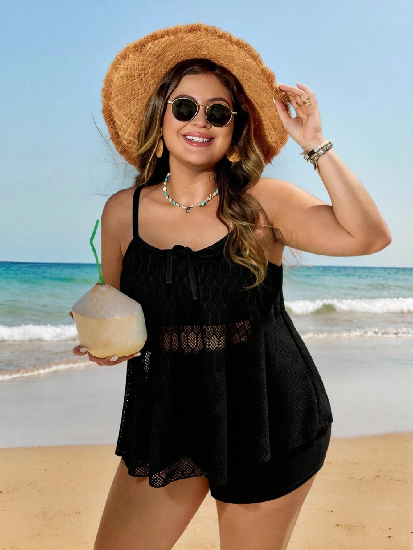 Swim Lushoire New Plus Size Women's Printed Spaghetti Strap Top And High Waisted Shorts 2-Piece Swimwear, - image 6