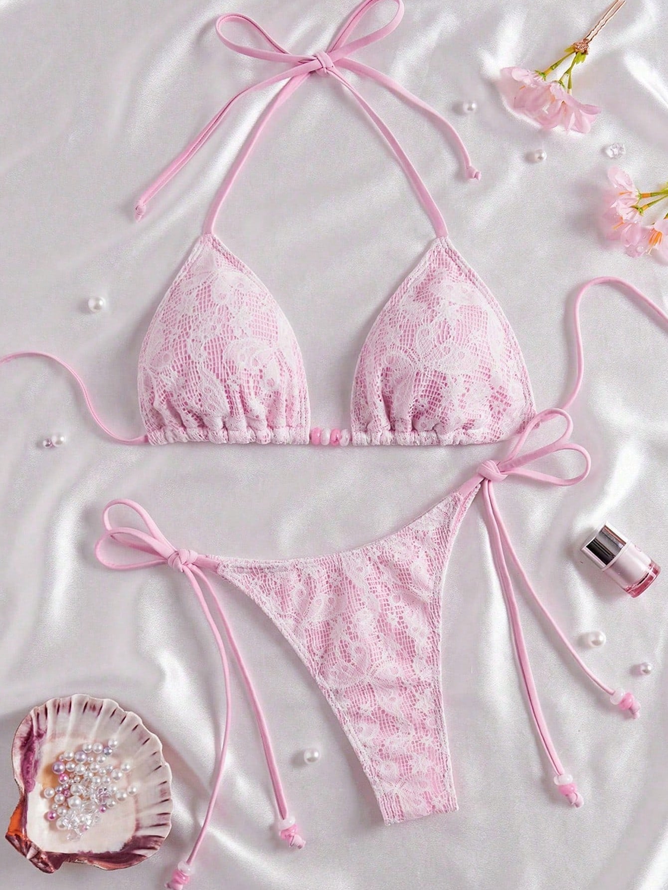 Women's Elegant Sweet Pink Lace Halter Tie Bikini Set, Beaded Detail, Perfect Fo