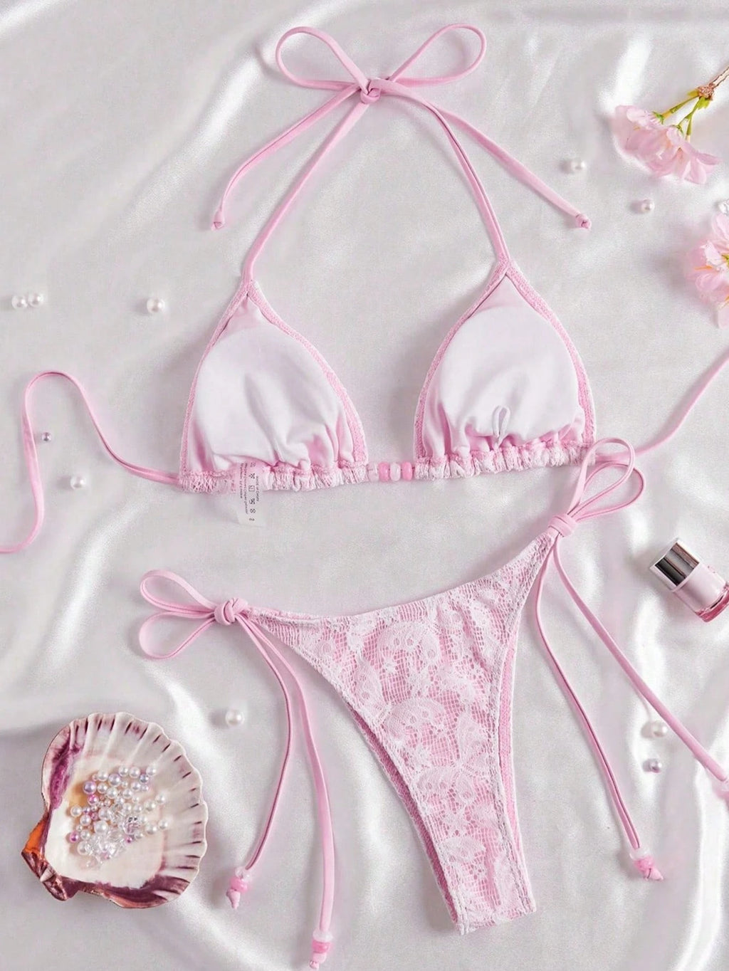 Women's Elegant Sweet Pink Lace Halter Tie Bikini Set, Beaded Detail, Perfect Fo