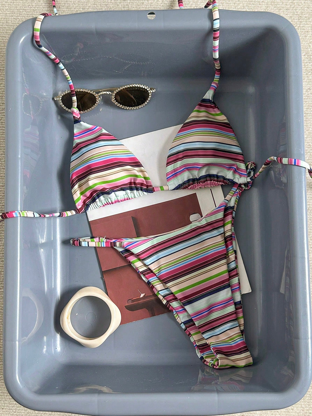 Women's Sexy Fashionable Colorful Striped Two Pieces Swimwear, Backless Tie-Up Bikini Set, Beach Resort - image 5