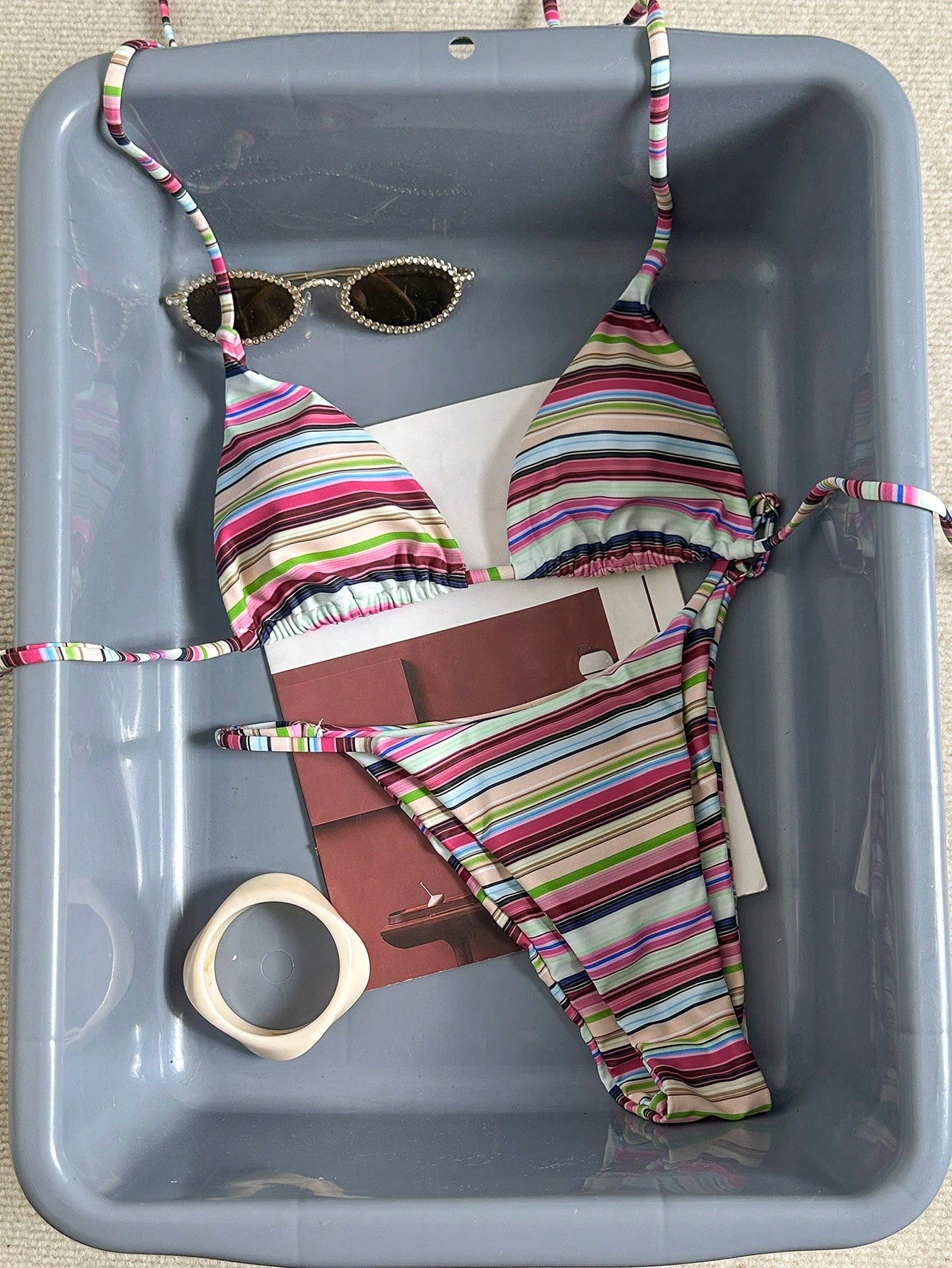 Women's Sexy Fashionable Colorful Striped Two Pieces Swimwear, Backless Tie-Up Bikini Set, Beach Resort - image 5