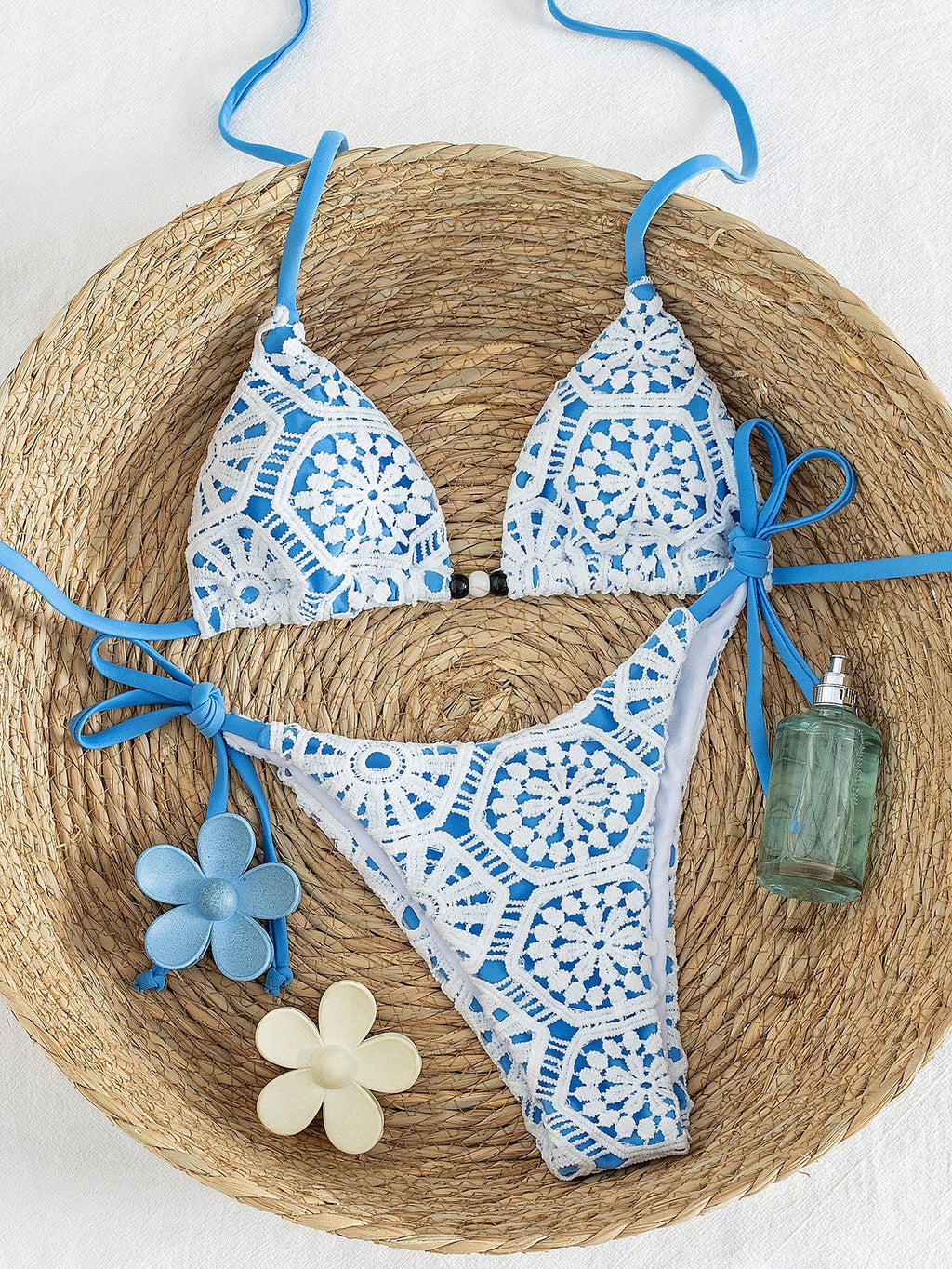 Bonvoyette Women's 2-Piece White Crochet Lace Triangle Bikini Set,Boho Halter Neck Swim Top,High Cut Thong - image 20