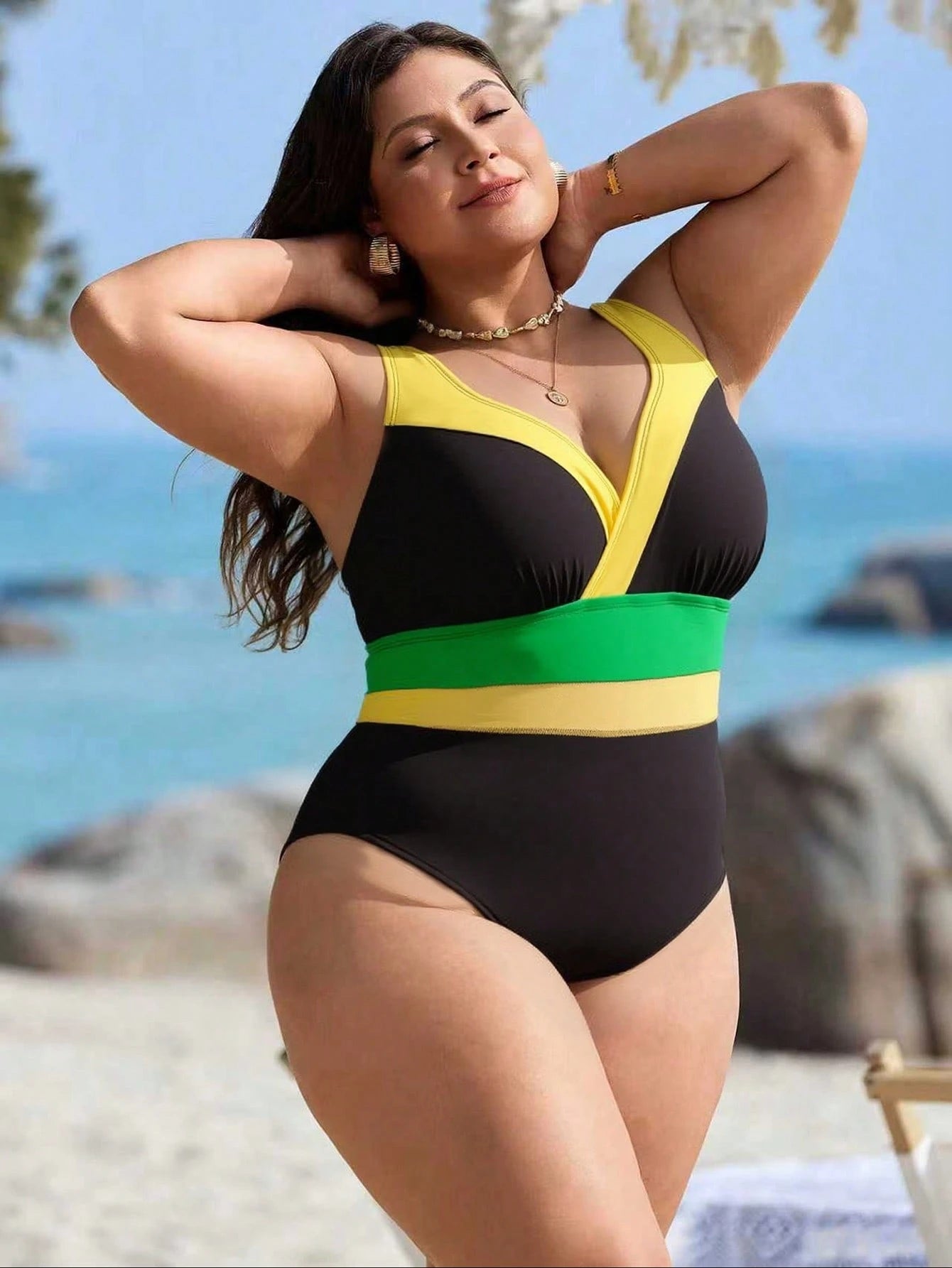 Swim Lushoire Plus Size Women's Black Random Leopard Print Mesh Patchwork Sexy One-Piece Swimsuit, For Summer - image 3