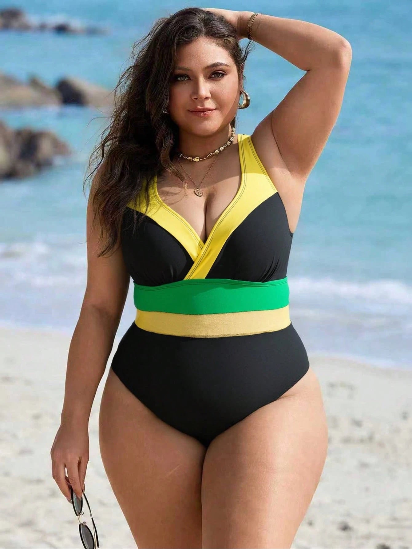 Swim Lushoire Plus Size Women's Black Random Leopard Print Mesh Patchwork Sexy One-Piece Swimsuit, For Summer - image 7