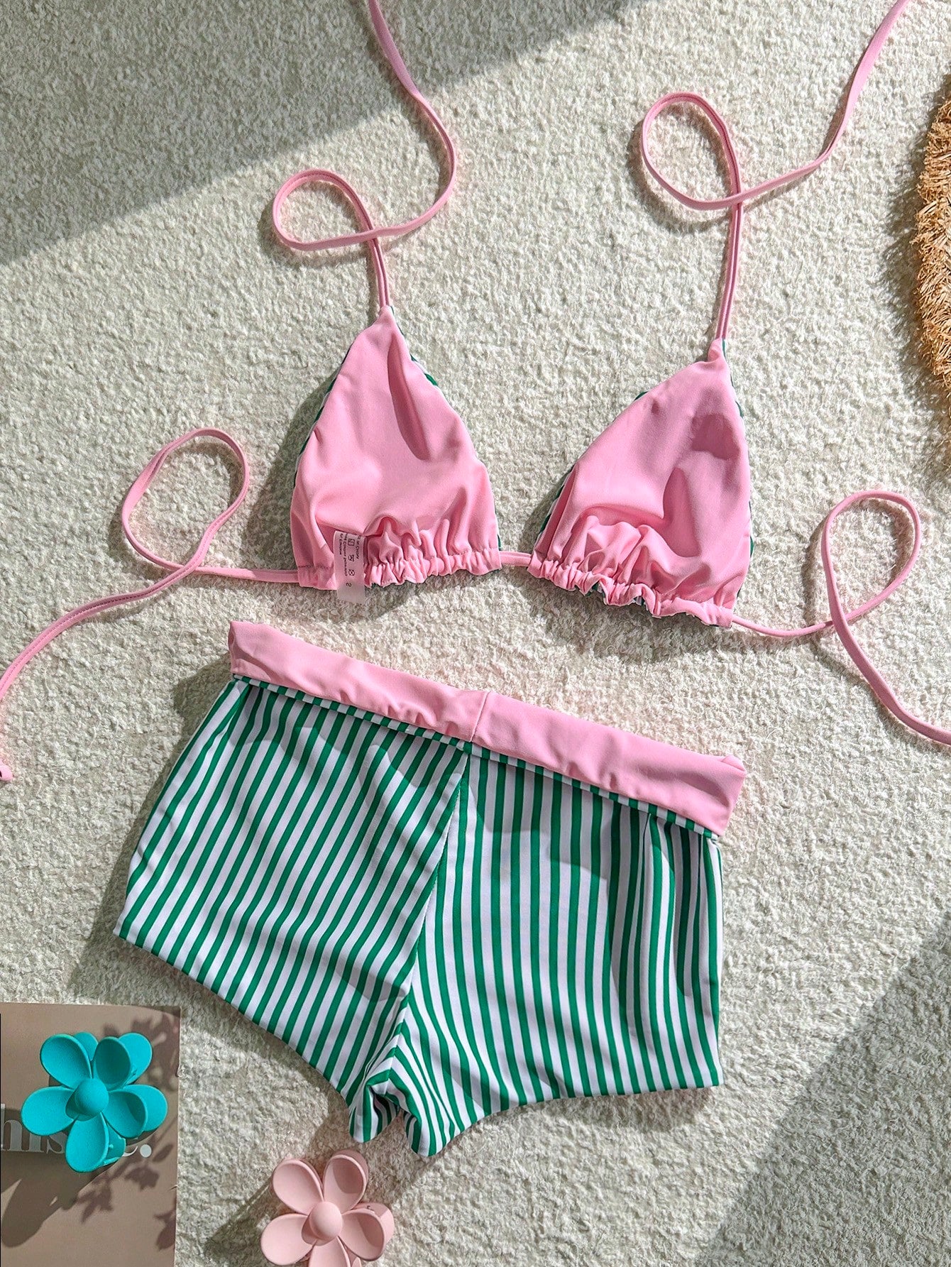 Women's Bikini Swimsuit Striped Print Green Pink Cute Retro Boy