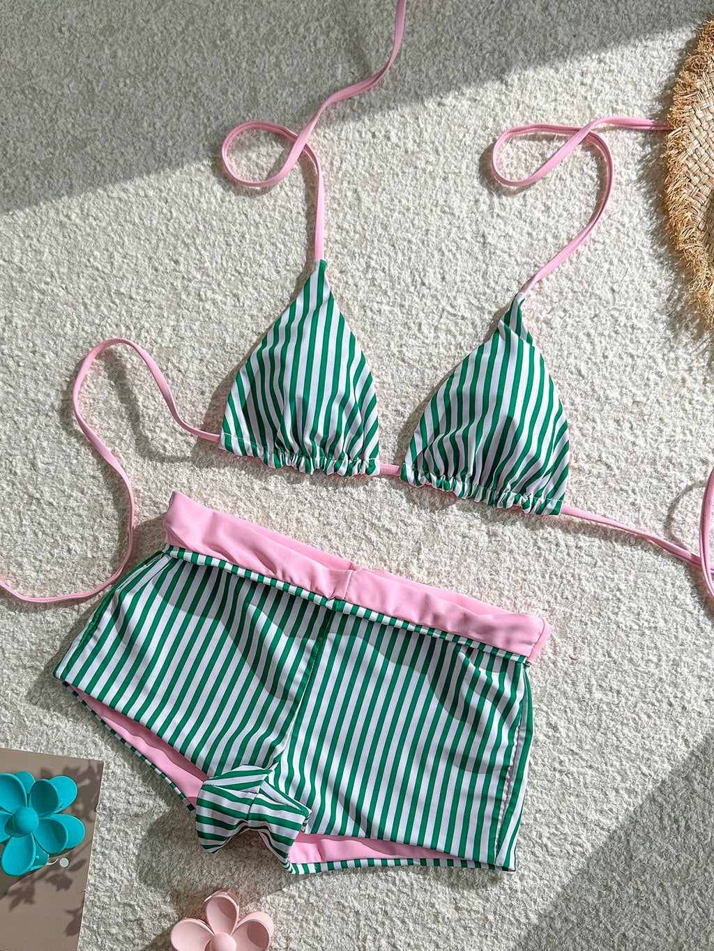 Women's Bikini Swimsuit Striped Print Green Pink Cute Retro Boy