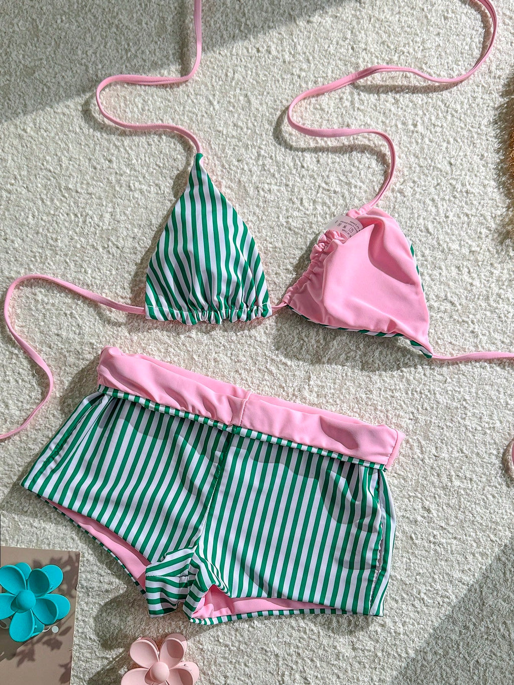 Women's Bikini Swimsuit Striped Print Green Pink Cute Retro Boy
