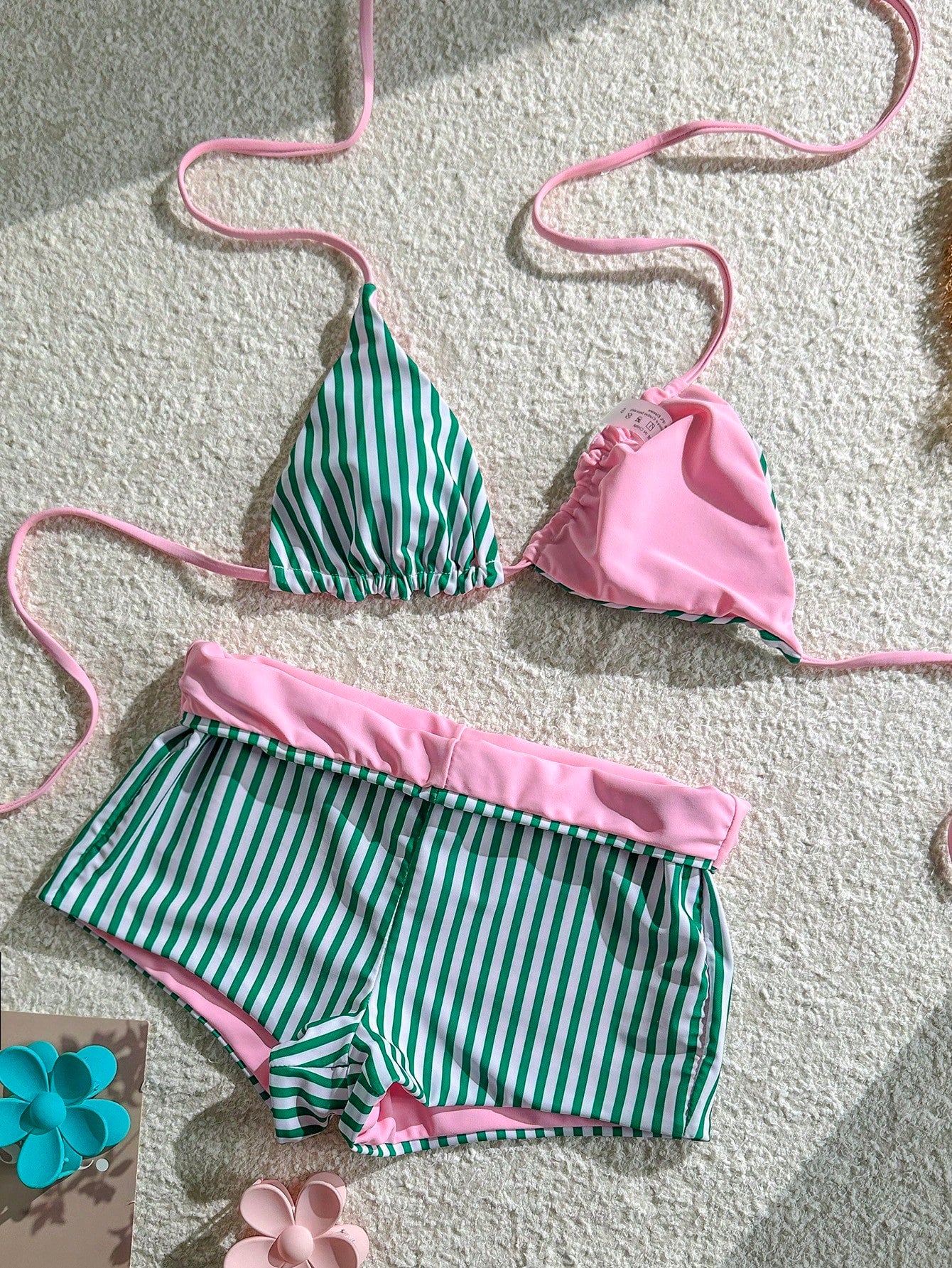 Women's Bikini Swimsuit Striped Print Green Pink Cute Retro Boy