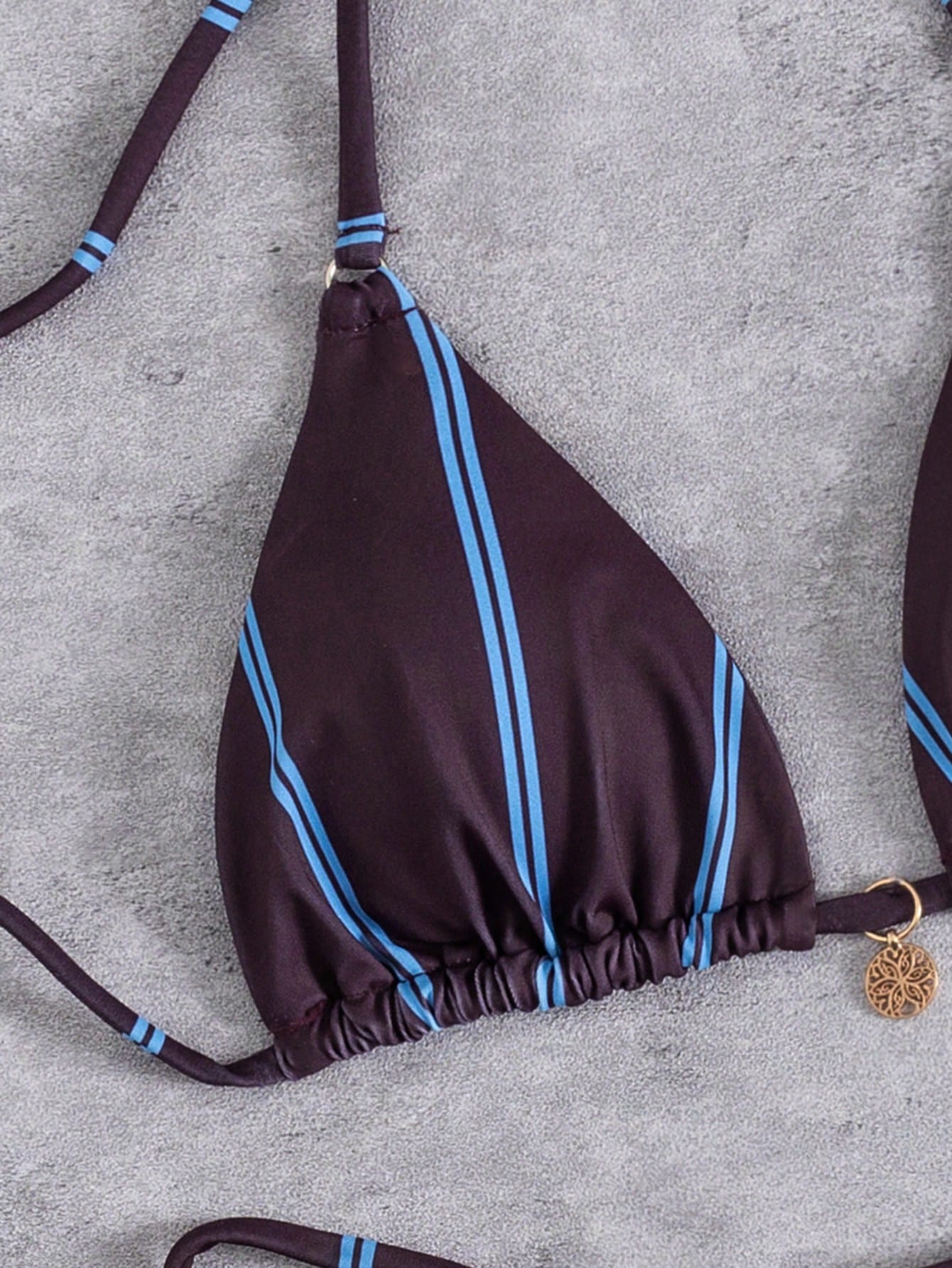 New Striped Triangle Bikini Set With Metal Pendant Decor, Spaghetti