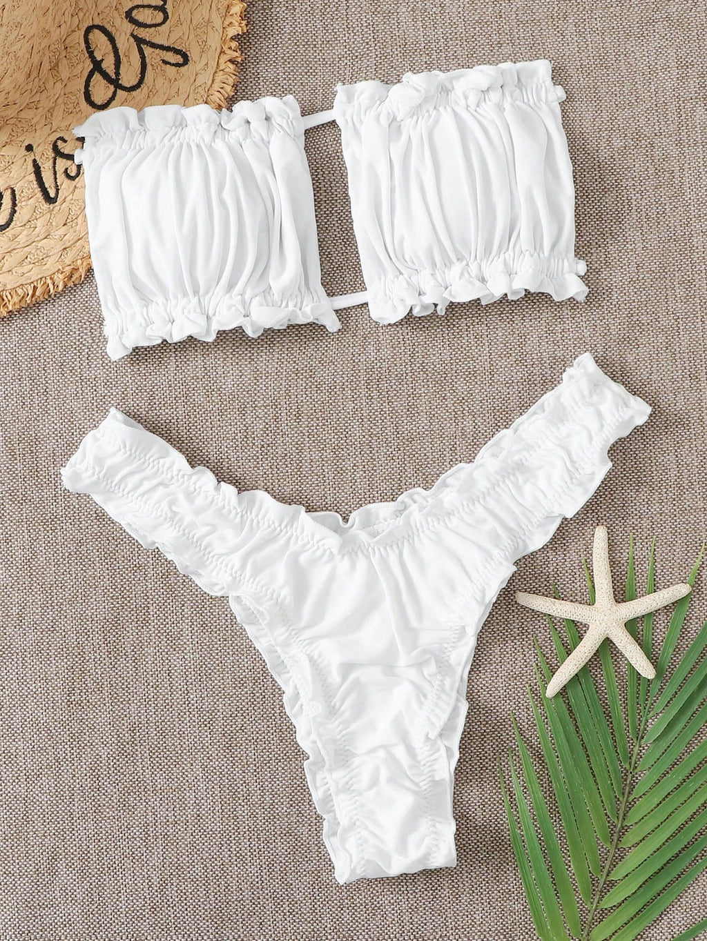 Swim Vcay Summer Beach Ruched Frill Trim Bandeau Bikini Set