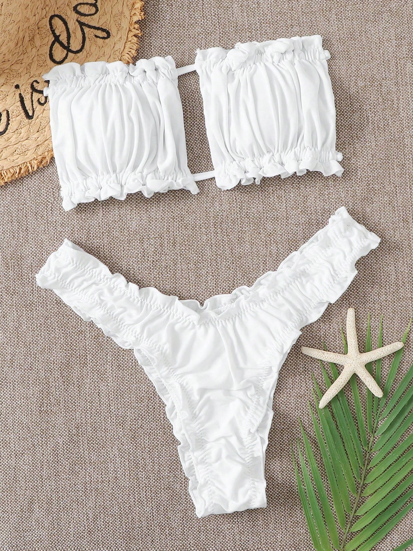 Swim Vcay Summer Beach Ruched Frill Trim Bandeau Bikini Set