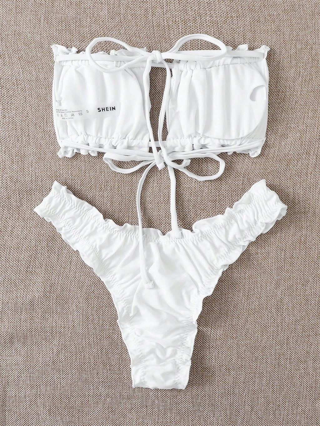 Swim Vcay Summer Beach Ruched Frill Trim Bandeau Bikini Set