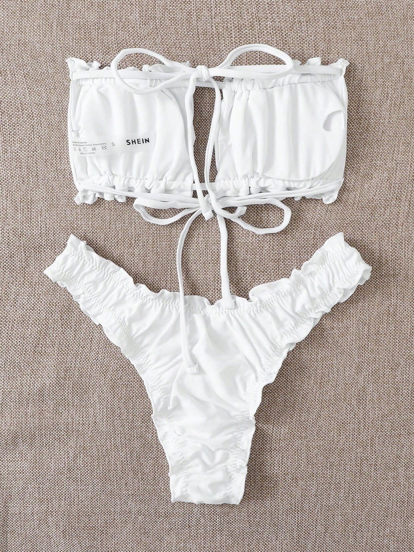 Swim Vcay Summer Beach Ruched Frill Trim Bandeau Bikini Set