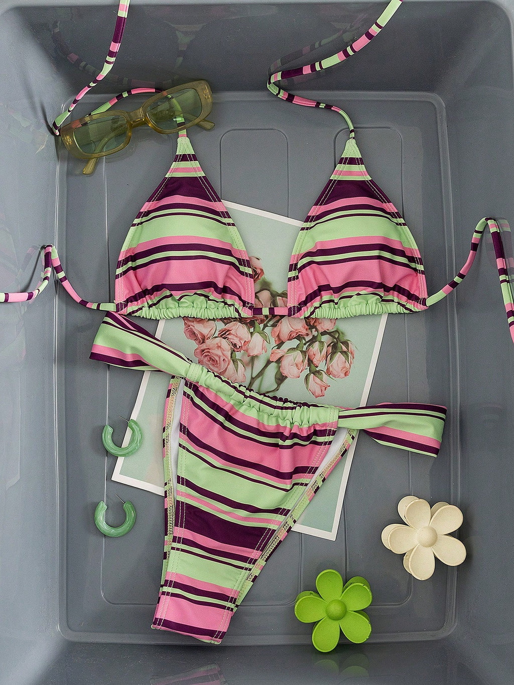 Women's Striped Print Halter Tie 2-Piece Swimwear, Sexy Fashion Minimalist Girly