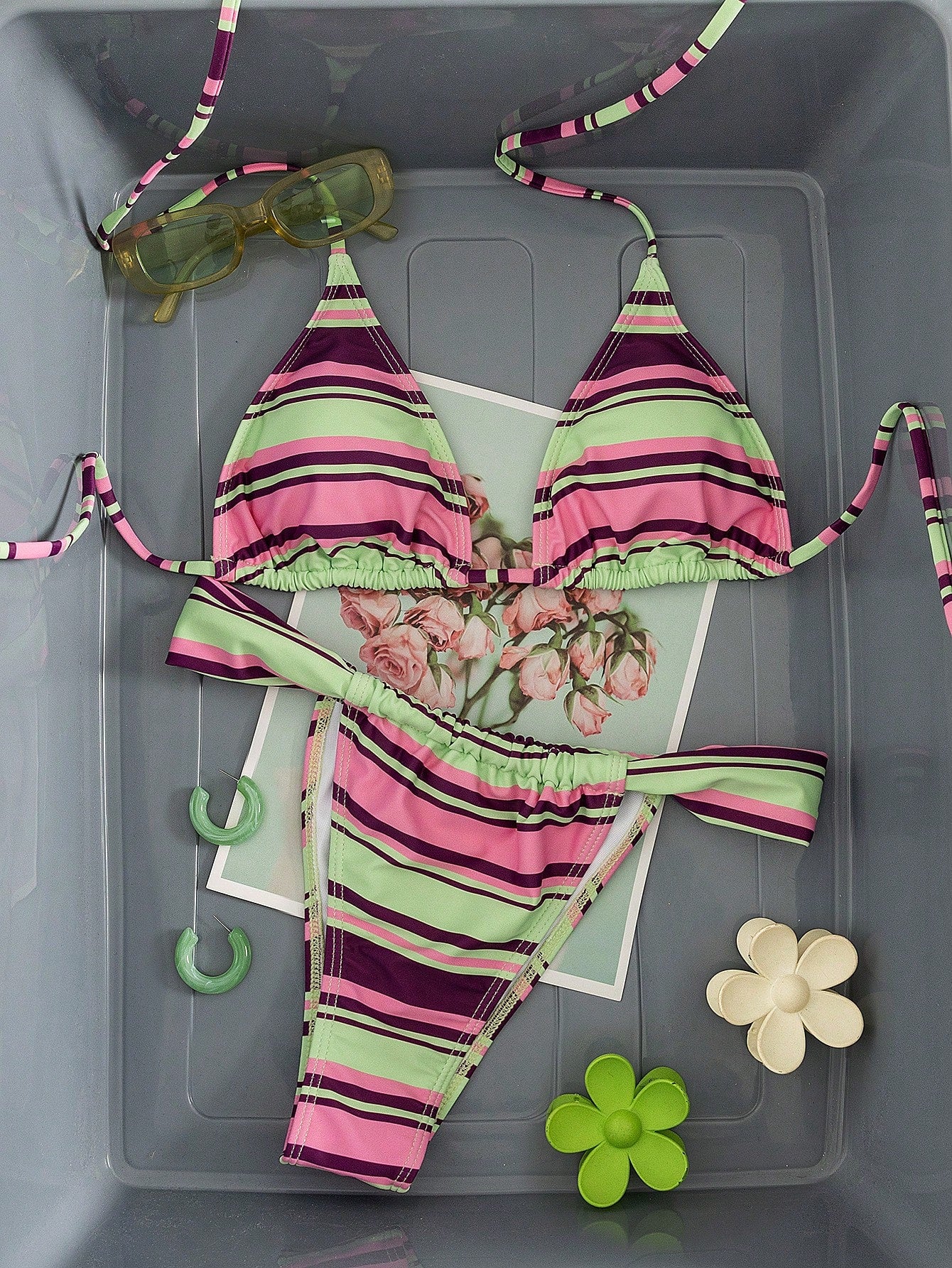 Women's Striped Print Halter Tie 2-Piece Swimwear, Sexy Fashion Minimalist Girly