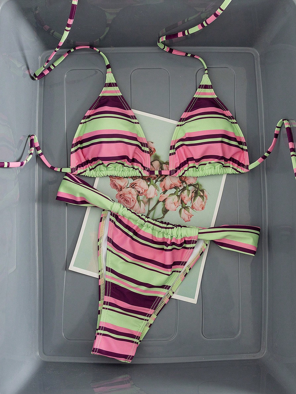 Women's Striped Print Halter Tie 2-Piece Swimwear, Sexy Fashion Minimalist Girly