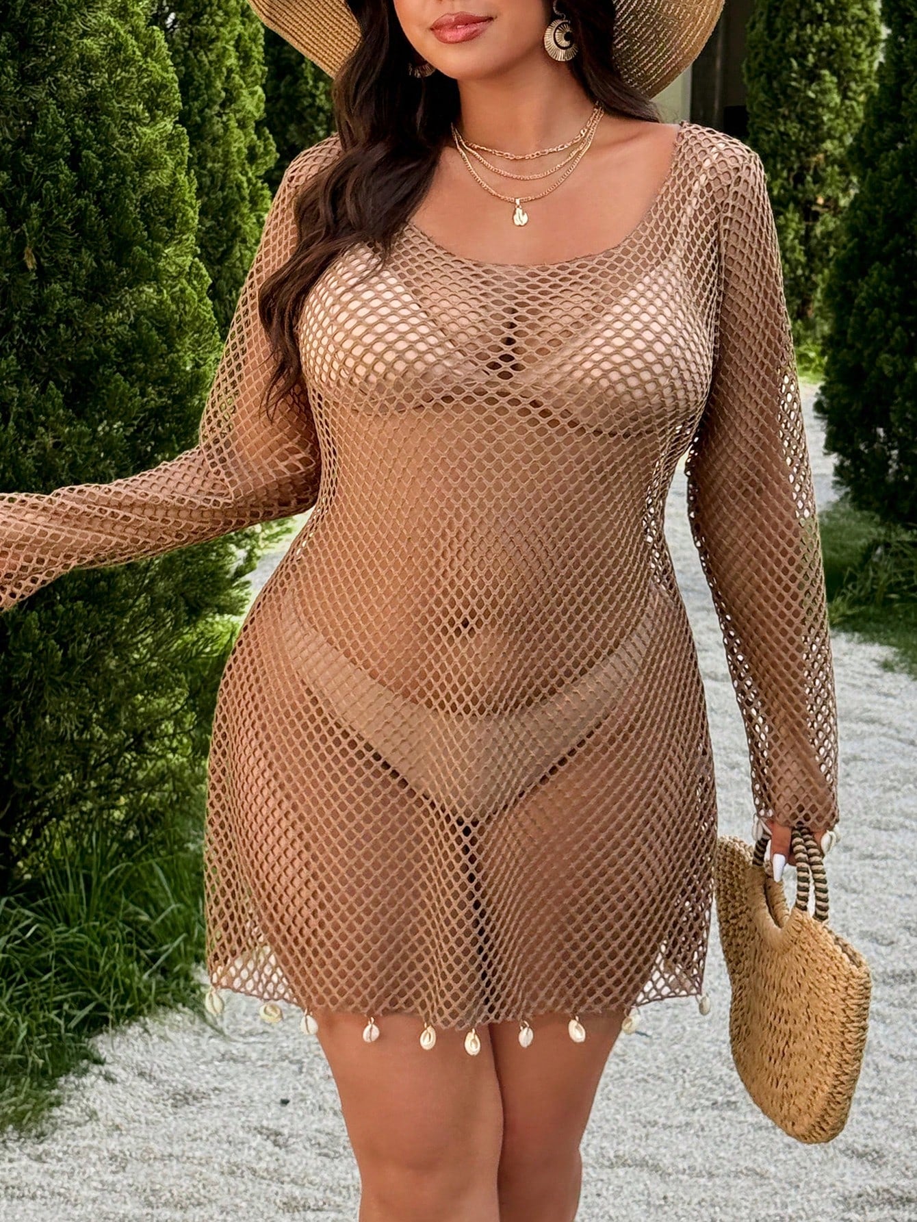 Swim Vcay 2026 Spring/Summer New Solid Color Mesh Fabric Swimsuit Cover-Up, Elegant Shell Decor Long Sleeve - image 10