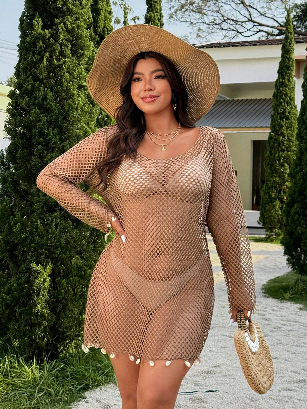 Swim Vcay 2026 Spring/Summer New Solid Color Mesh Fabric Swimsuit Cover-Up, Elegant Shell Decor Long Sleeve - image 17
