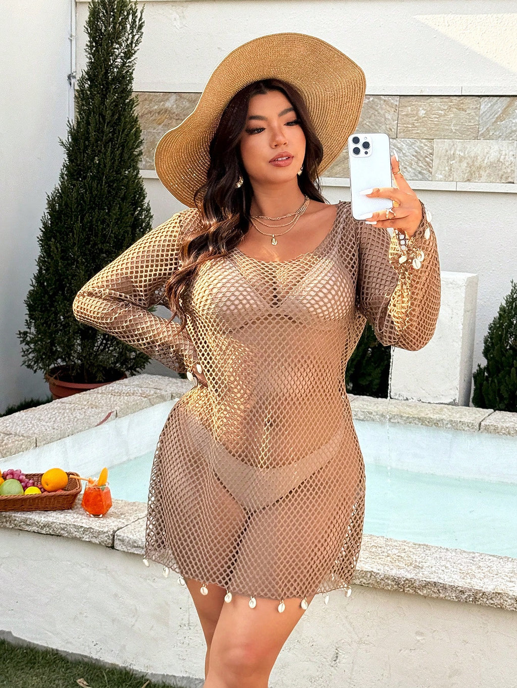 Swim Vcay 2026 Spring/Summer New Solid Color Mesh Fabric Swimsuit Cover-Up, Elegant Shell Decor Long Sleeve - image 18