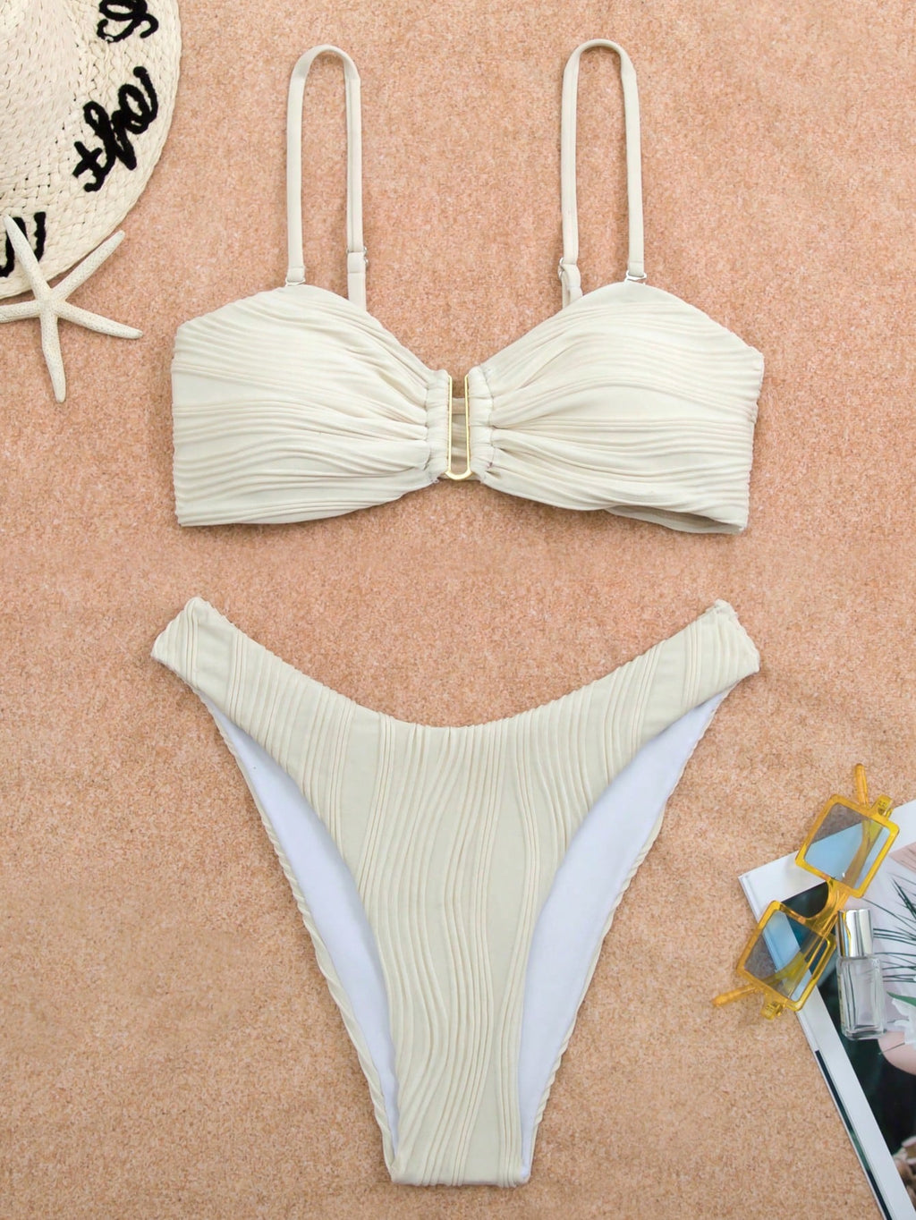 Swim Women's Summer Beach Solid Color Ruched Sexy Bikini Swimwear Set