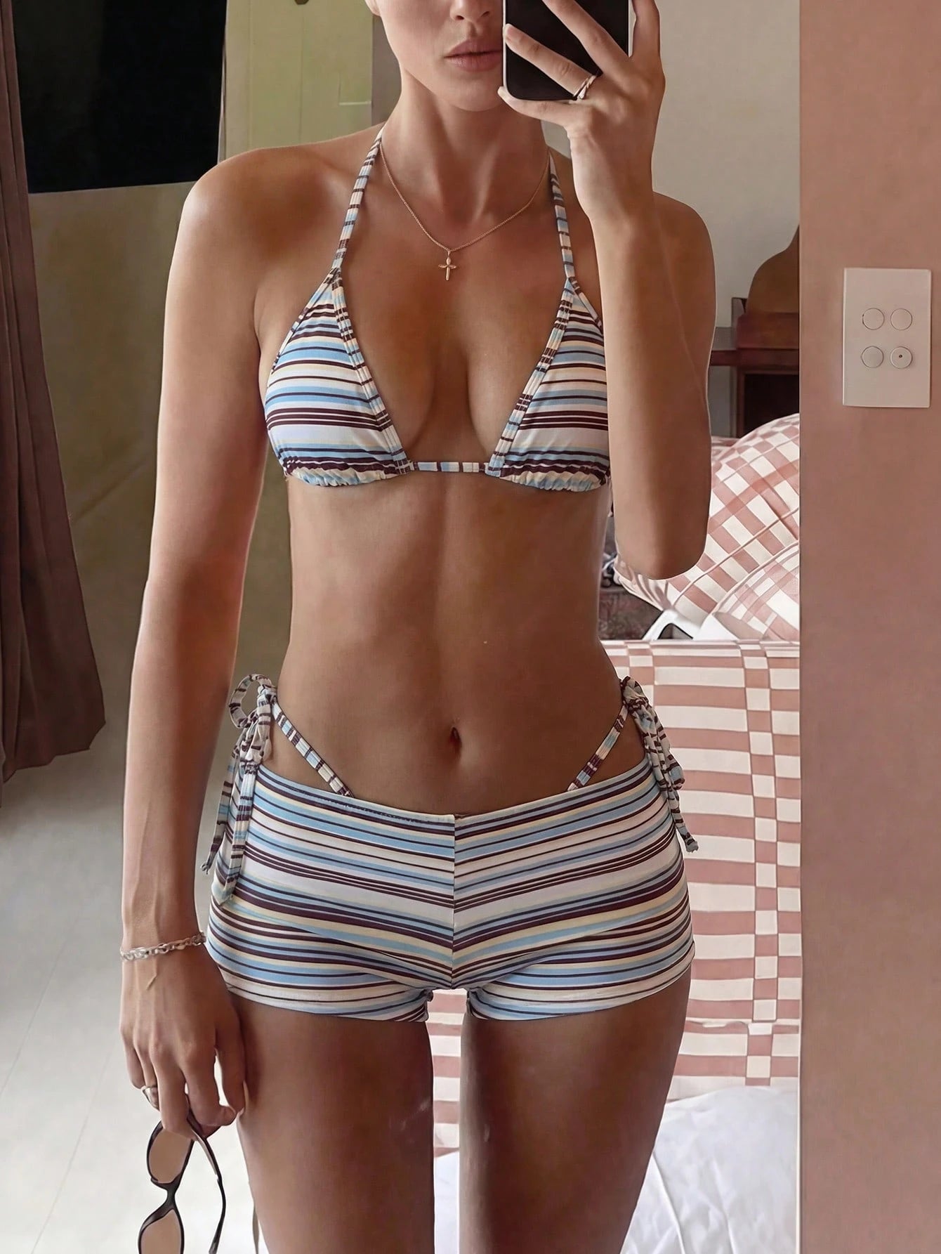 Costavie 3pcs Women's Halter Striped Tie-Front Tankini Swimwear Set